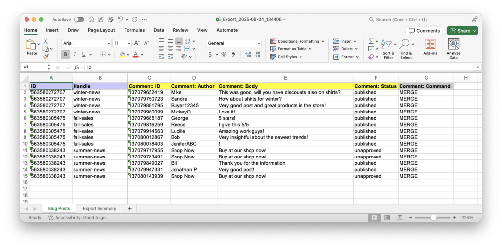 2 - Matrixify app spreadsheet your Shopify Blog Post Comments bulk manage