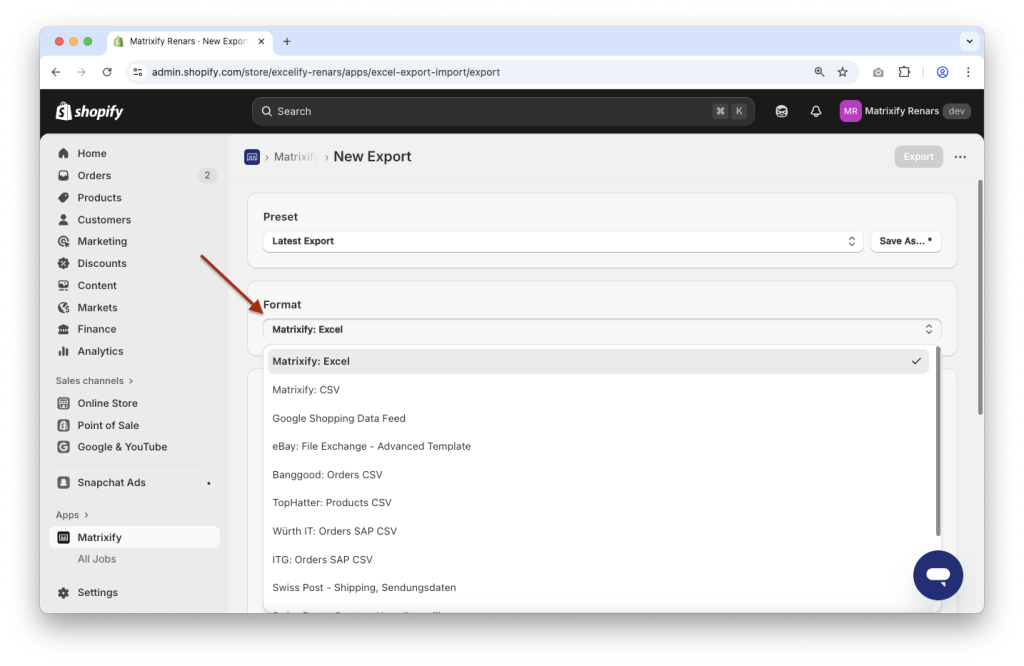 2 - Matrixify select and change export format - Excel XLSX or CSV