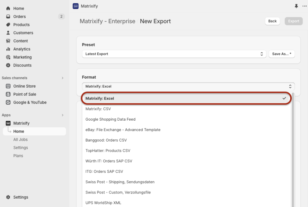 2 - Select Excel XLSX format - export Shopify URL page redirects Matrixify Excel XLSX CSV bulk