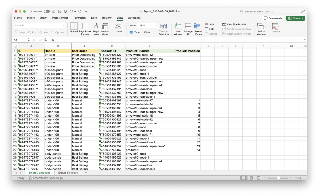 2 - Spreadsheet file with each Shopify store Collection and Products linked to it