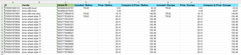 2 - bulk exported Excel XLSX CSV Shopify Products with Market international regional multi-currency pricing