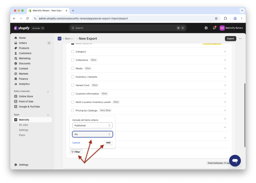 2 - filter Shopify Products export by Published Online Store status