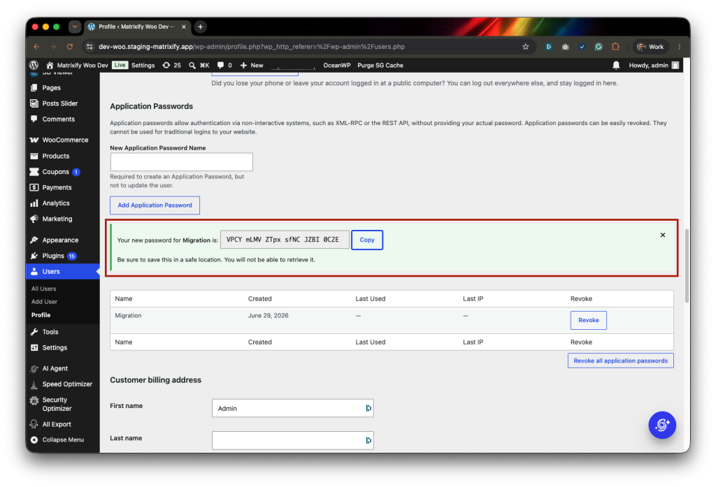 2 - generated App Password in WordPress admin user
