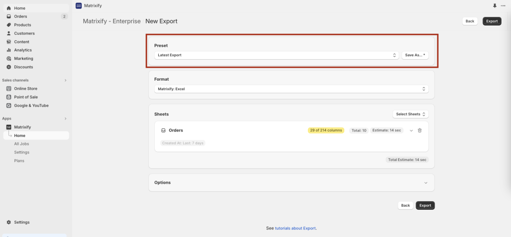 2 - save new export Matrixify Shopify Excel CSV XLSX - save export template preset settings configuration