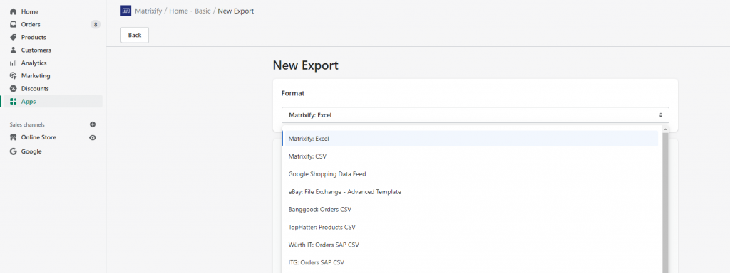 2 - select export format excelify excel csv shopify data customize