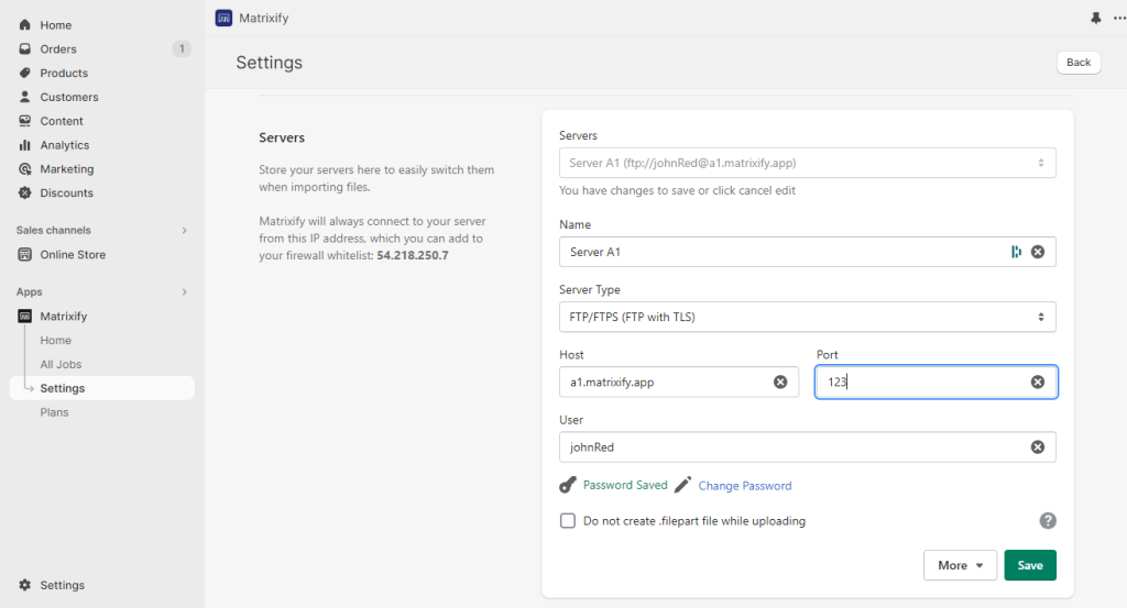 2 update FTP SFTP server details Matrixify Shopify bulk import export migrate update