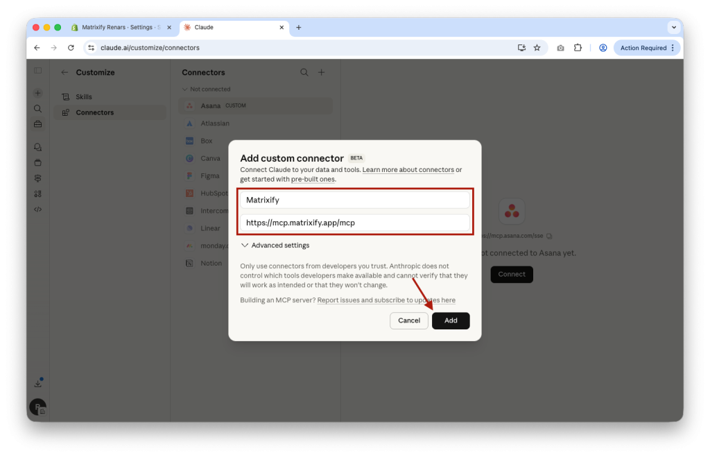 2. Add Matrixify app as Connector in Claude AI