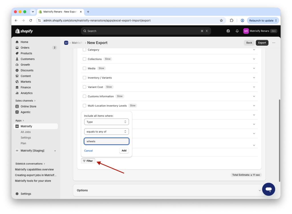 2. Apply custom filters to Shopify Products Export with Matrixify