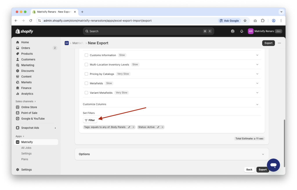2. Apply custom filters to Shopify Products data Export