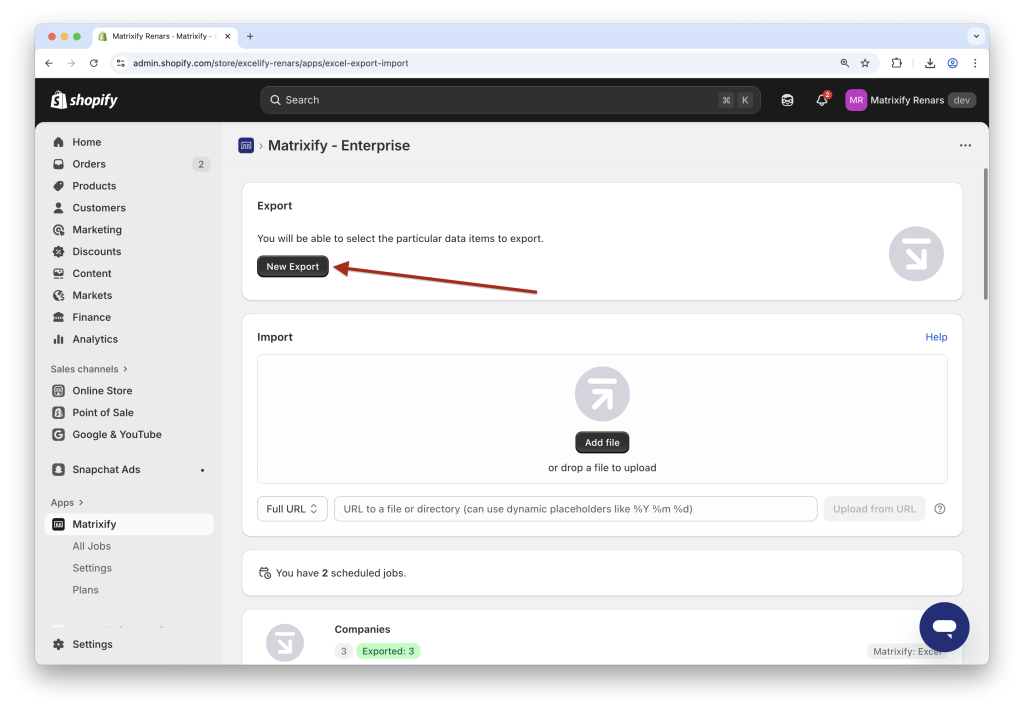 2. Create new Export Matrixify app Shopify
