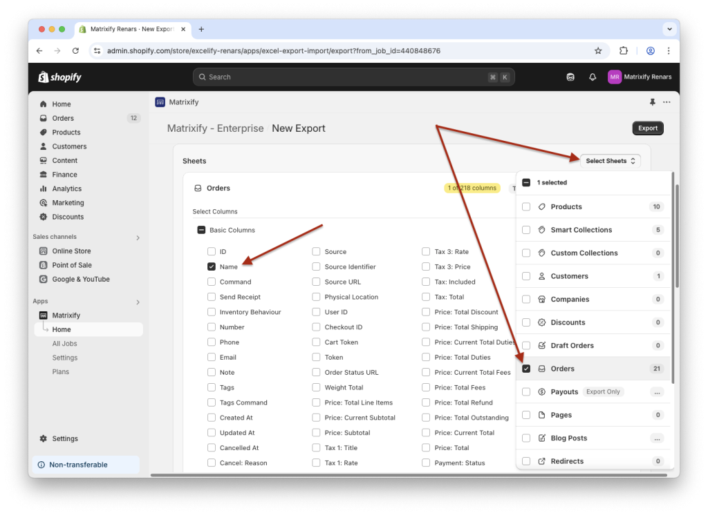 2. Create new Matrixify Export only Order names for bulk Shopify partial refund