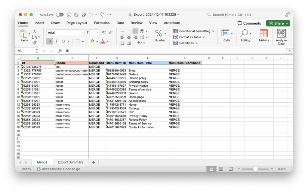 2. Excel spreadsheet exported with Shopify Menu and Menu item details using Matrixify app