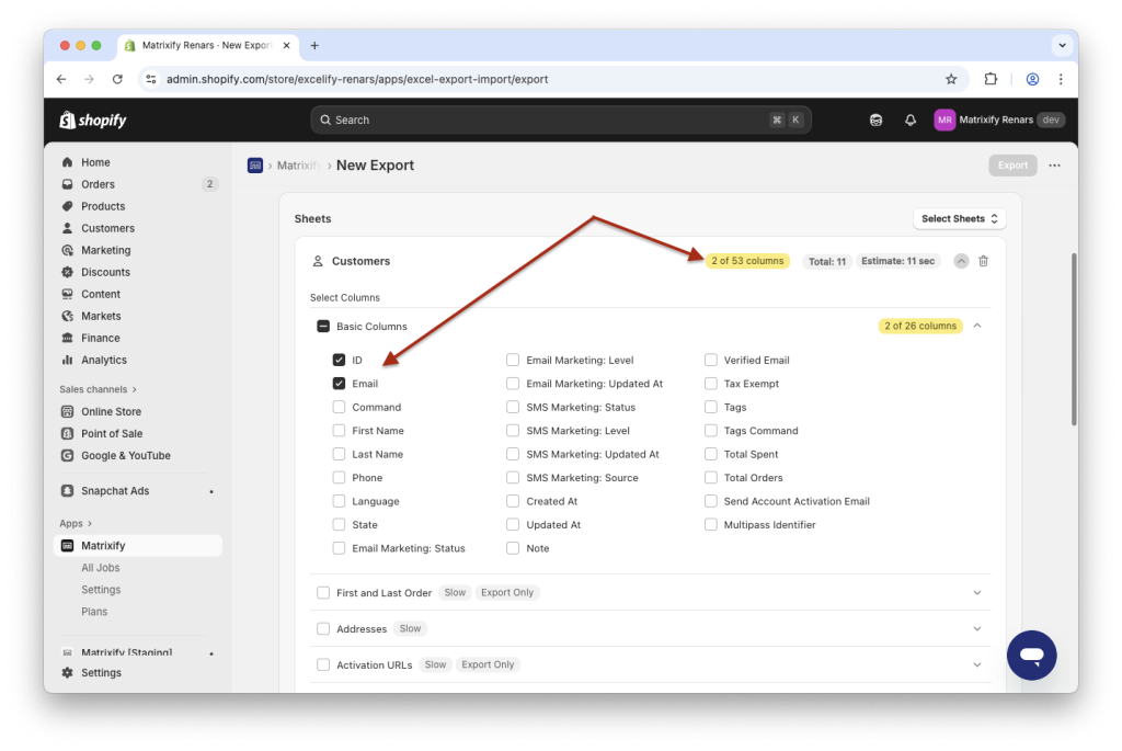 2. Export Shopify customers customize exported columns with Matrixify