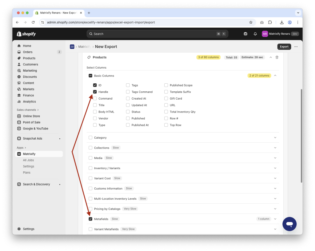 2. Export Shopify products with specific selected columns Metafields