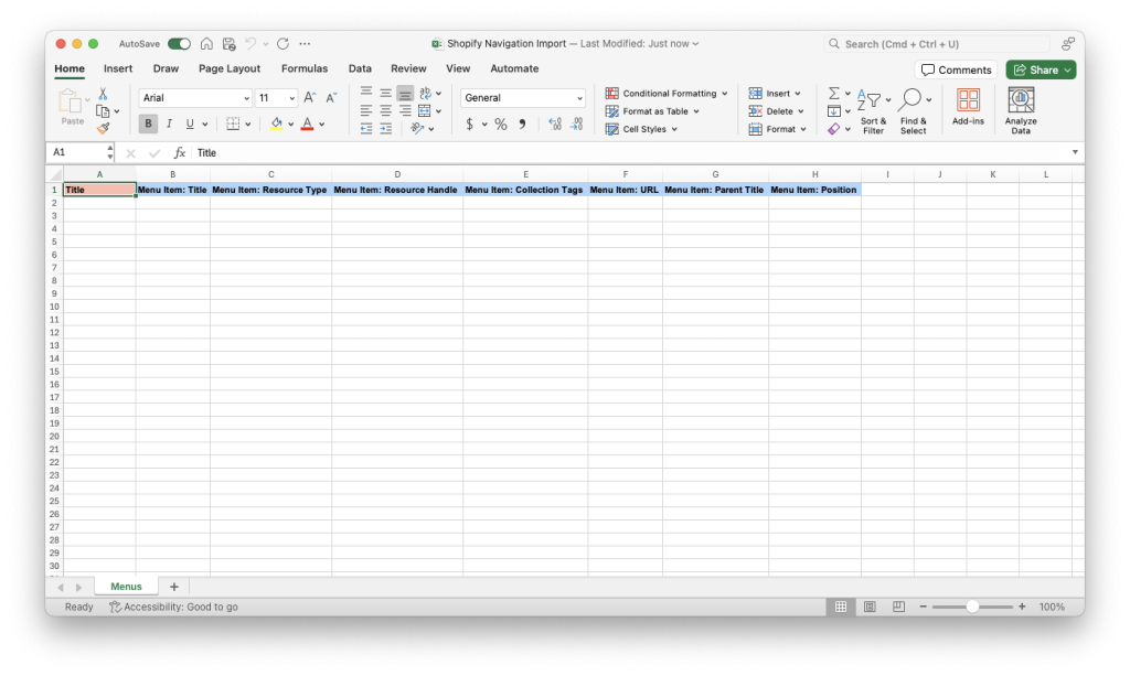 2. Matrixify Menu Shopify navigation import column headers