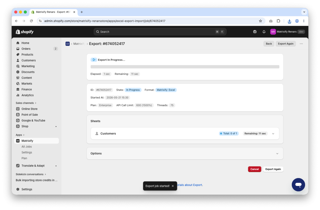 2. Matrixify app Export job, Shopify Customers and Store Credits to Excel Spreadsheet