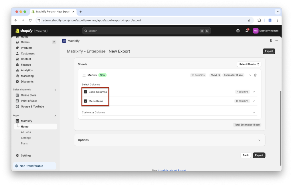 2. Select to export specific Shopify Navigation Menu columns for backup and restore