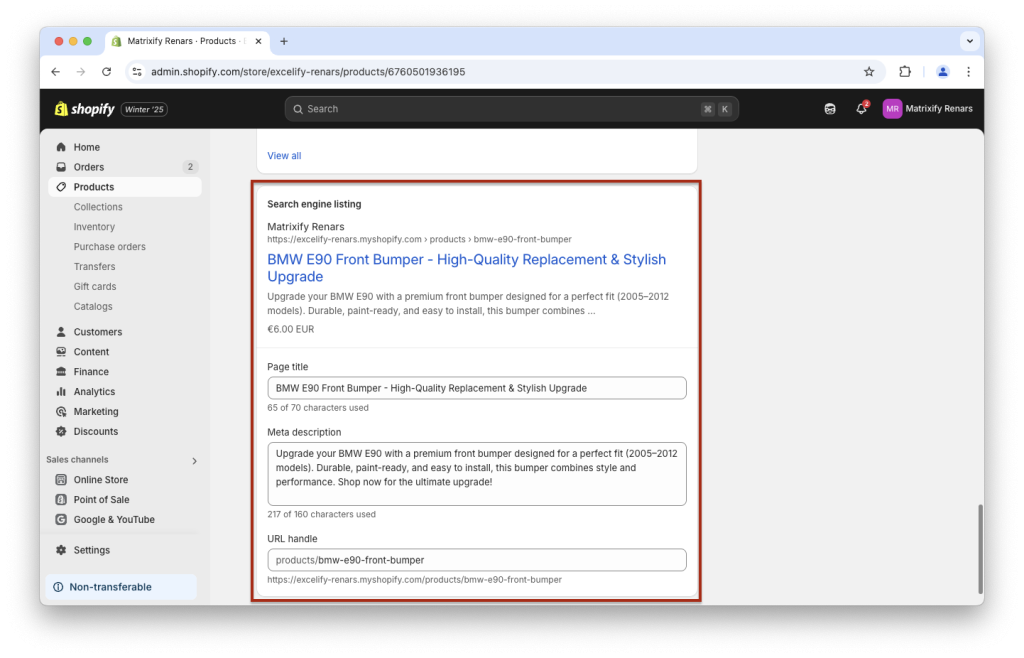 2. Set example SEO details for AI generated Shopify Product SEO optimization