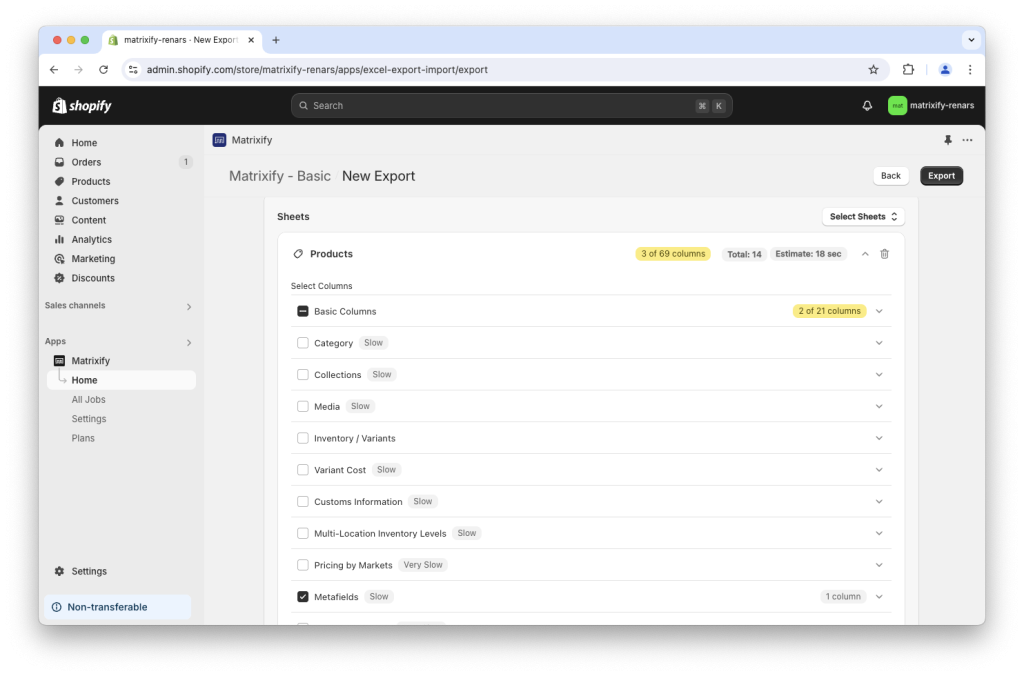 2. Use Matrixify to bulk export manage import update Shopify metafield definiton values Excel XLSX CSV