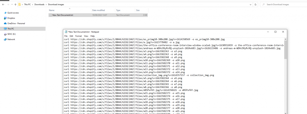 2. Windows command terminal text document with file download commands Shopify Matrixify bulk download export