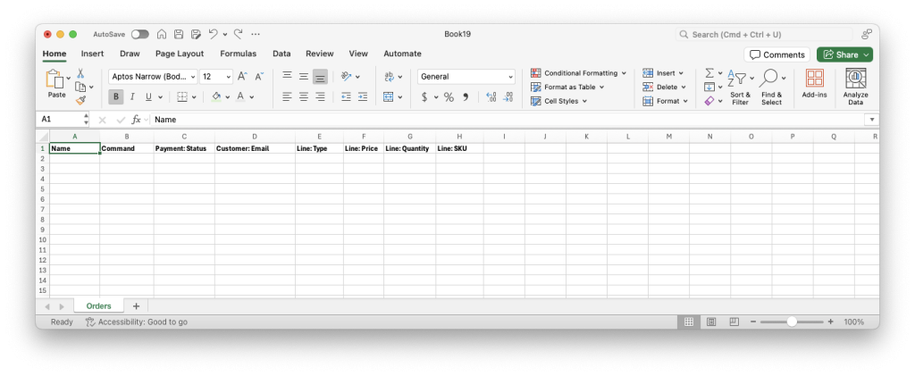 2. add column headers in a file to import free gift Orders in Shopify