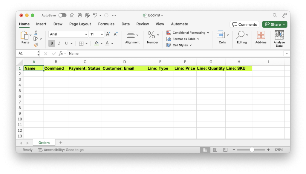 2. add column headers in a file to import free gift Orders in Shopify