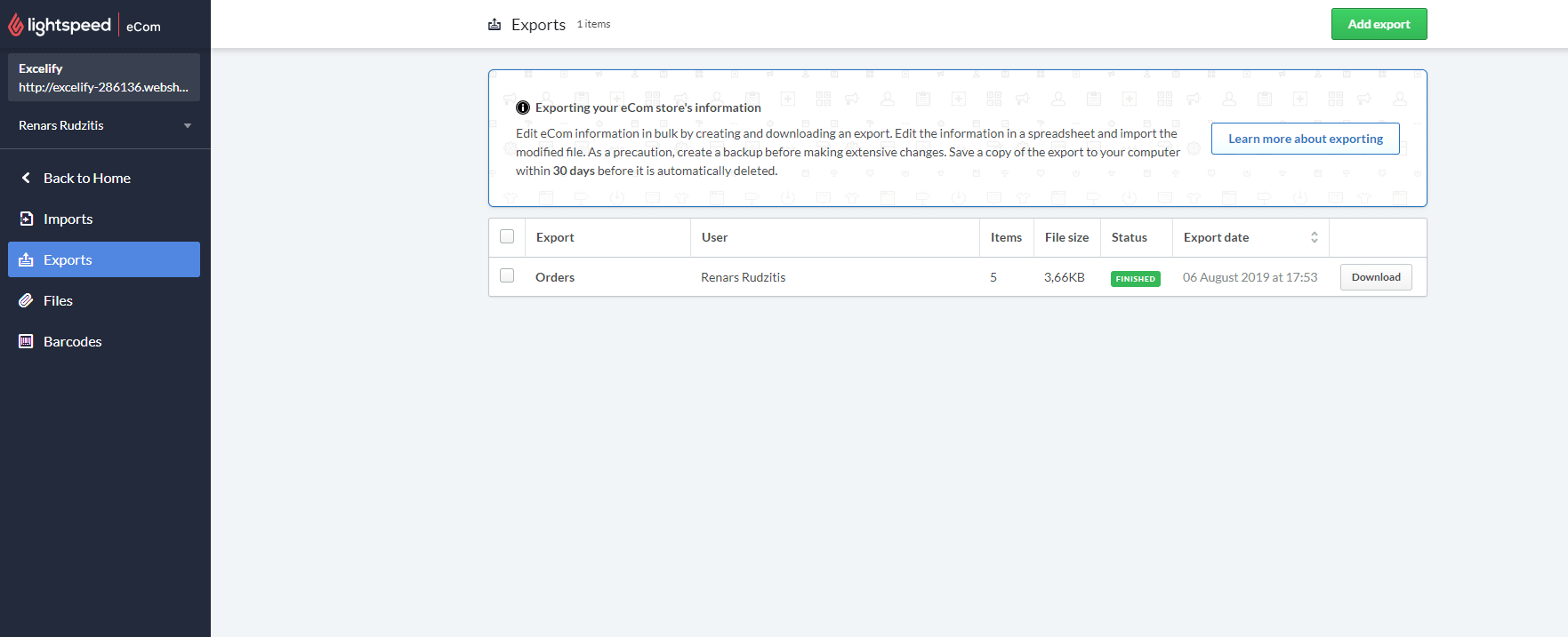 Download Lightspeed exported Orders file