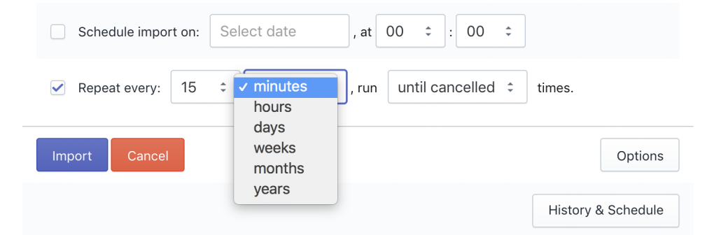 Schedule Shopify import export by minutes interval
