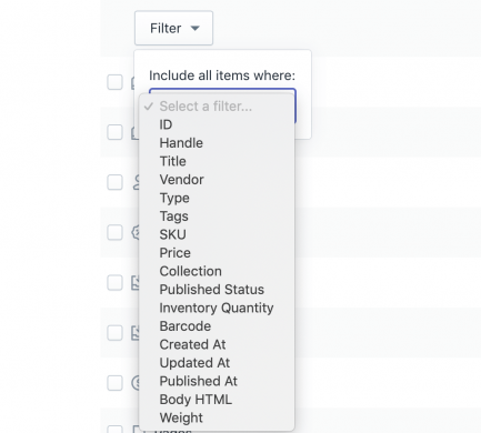 Shopify Products export filter excel csv