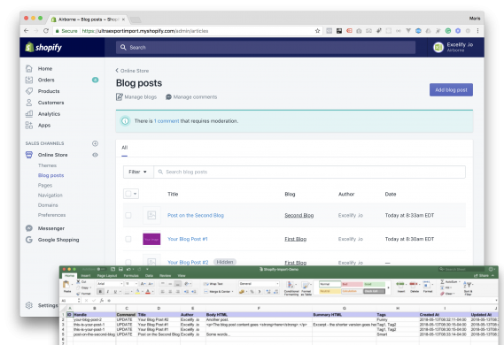 Shopify Blogs Import Export bulk Update