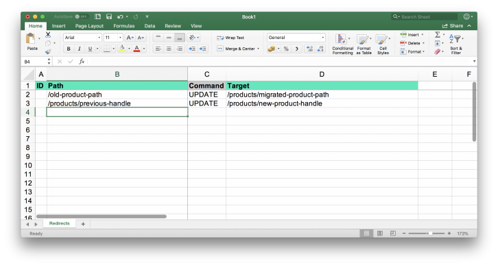 Shopify Redirects from Excel table