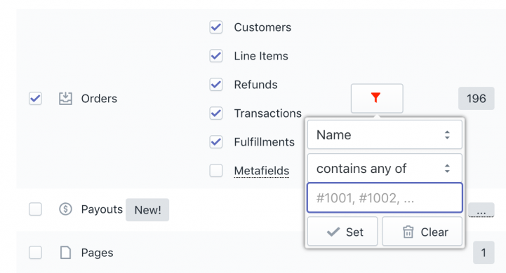 Shopify export Orders - filter by Names