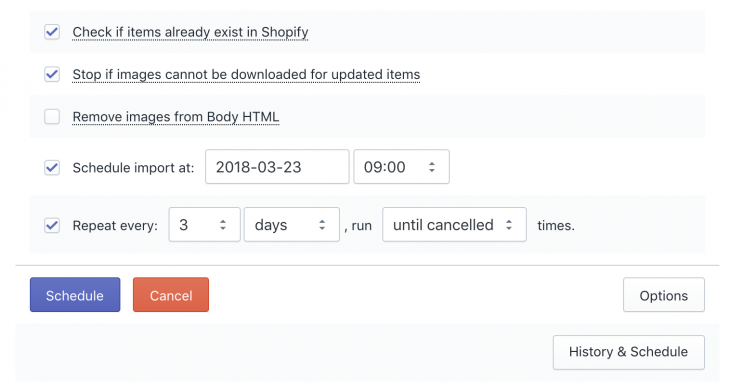 Shopify import schedule and repeat|Shopify schedule and repeat history and cancel
