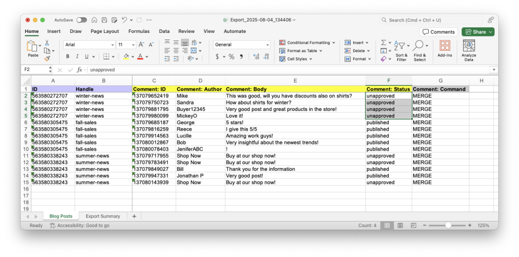 3 - Bulk hide Shopify Blog Post Comments using Matrixify app Excel CSV spreadsheet