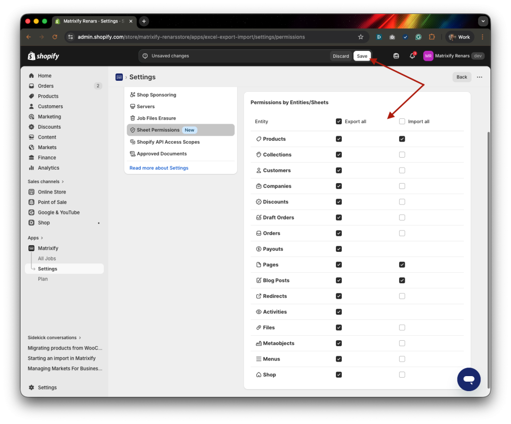 3 - Edit and save Matrixify Export and Import Sheet level permissions