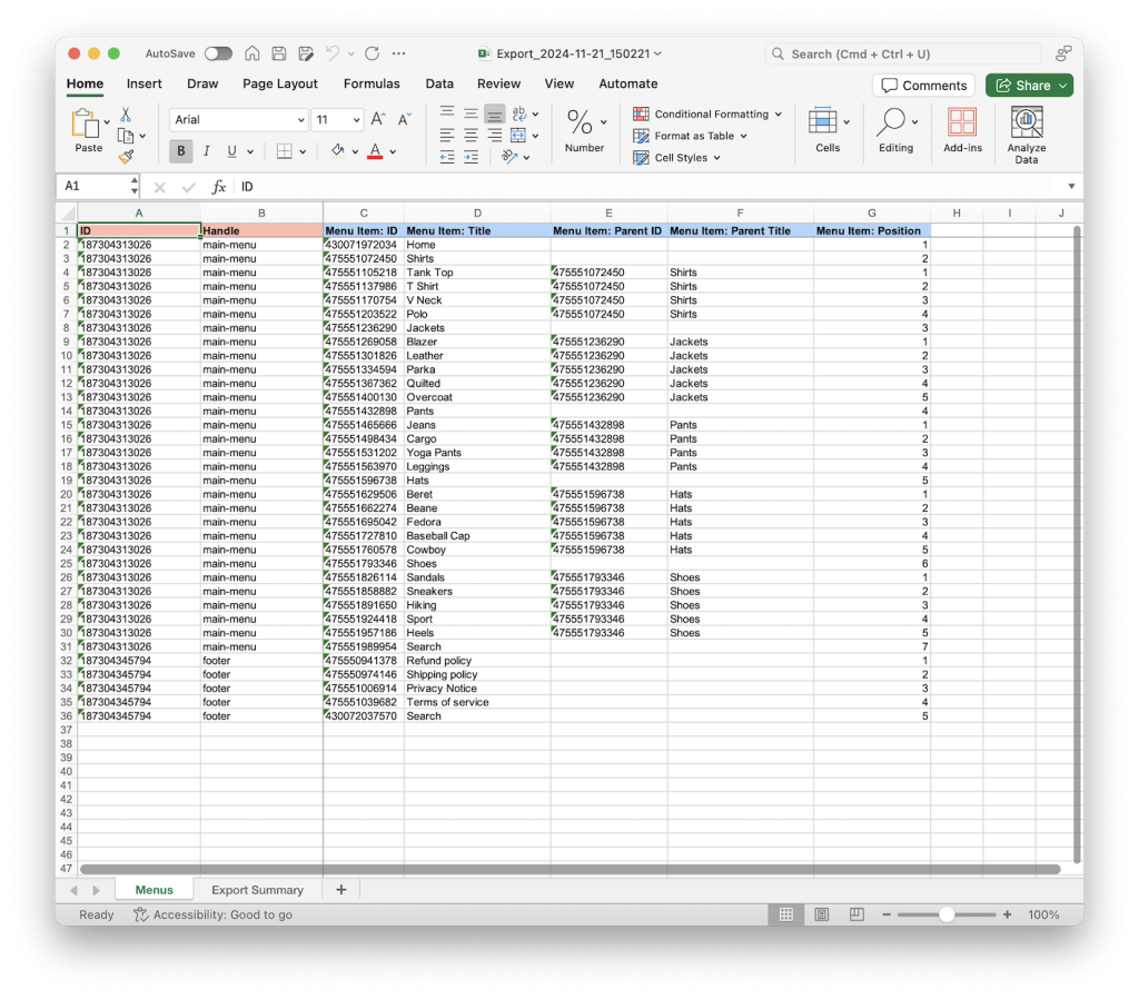 3 - Excel Spreadsheet with Shopify navigation Menu items using Matrixify app