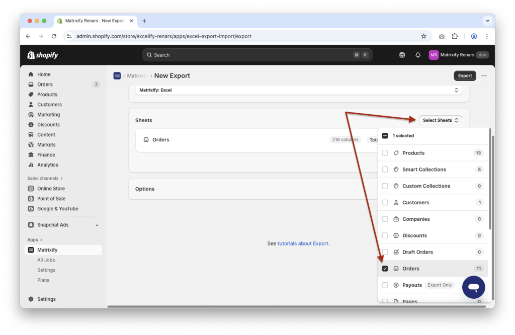 3 - Select to export Order sheet with Matrixify app - configure export job
