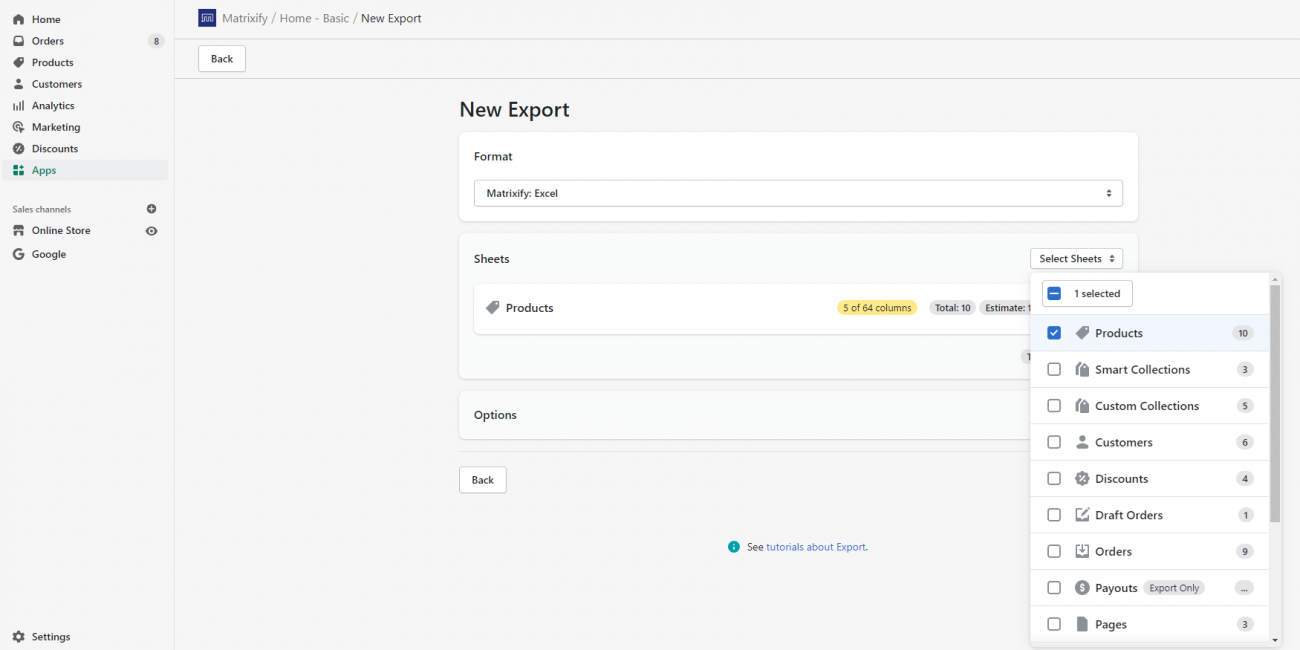 How to create a Shopify data export with custom columns using Matrixify