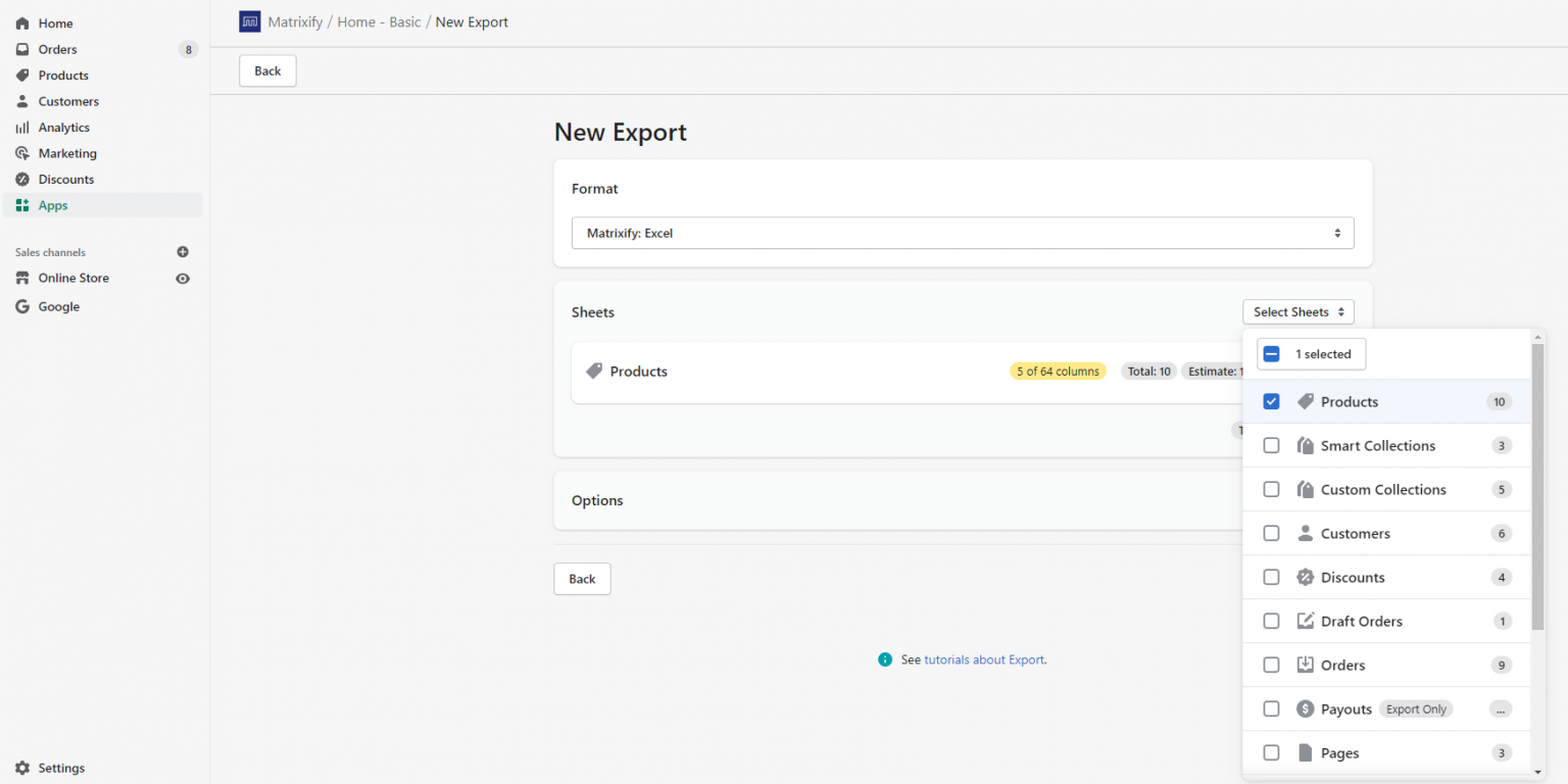 How to create a Shopify data export with custom columns using Matrixify