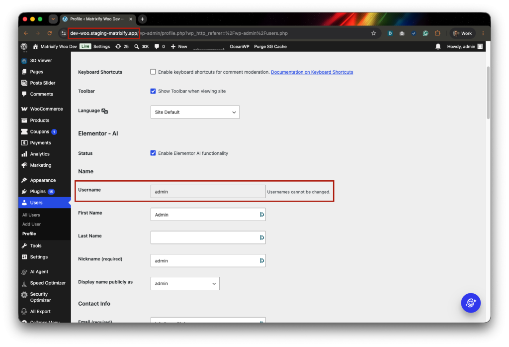 3 - WordPress username and server locations in WP Admin