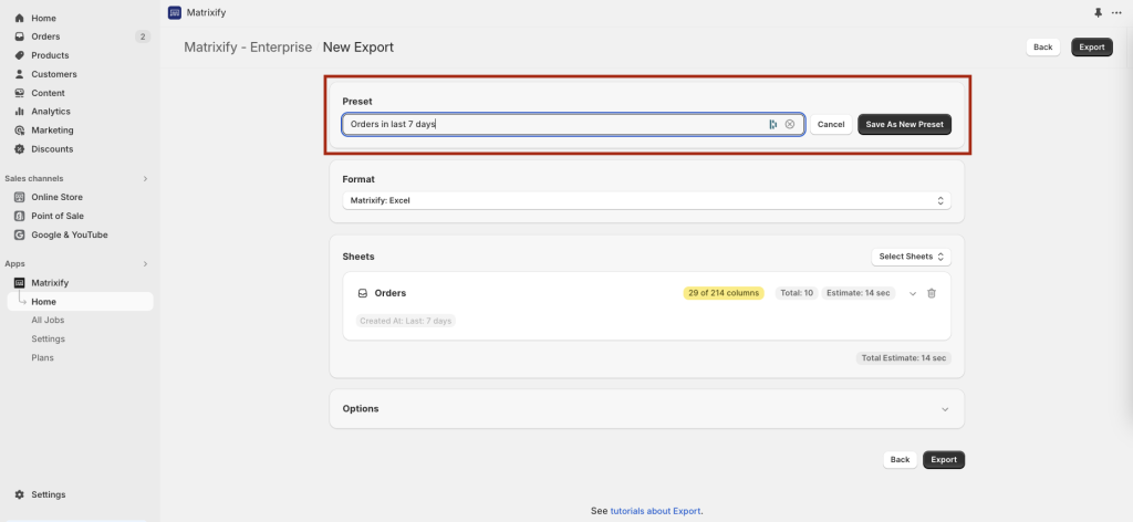 3 - save new export adjust Matrixify Shopify Excel CSV XLSX - save export template preset settings configuration