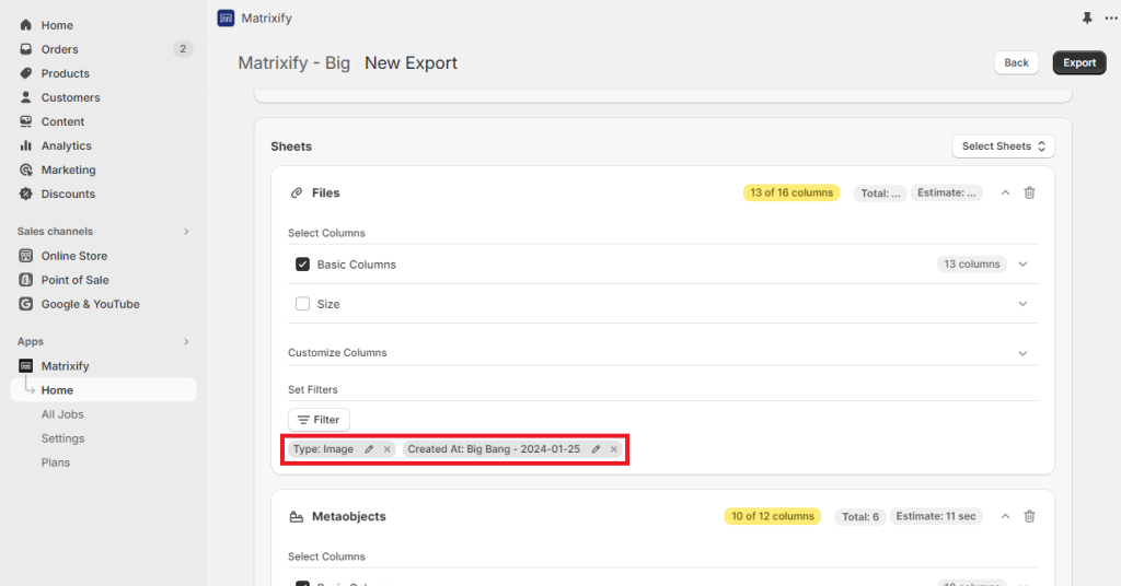3 - use multiple combined filters in the same entity export for Shopify data export with Matrixify