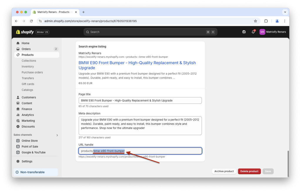 3. Copy example products Handle for providing to AI SEO generation