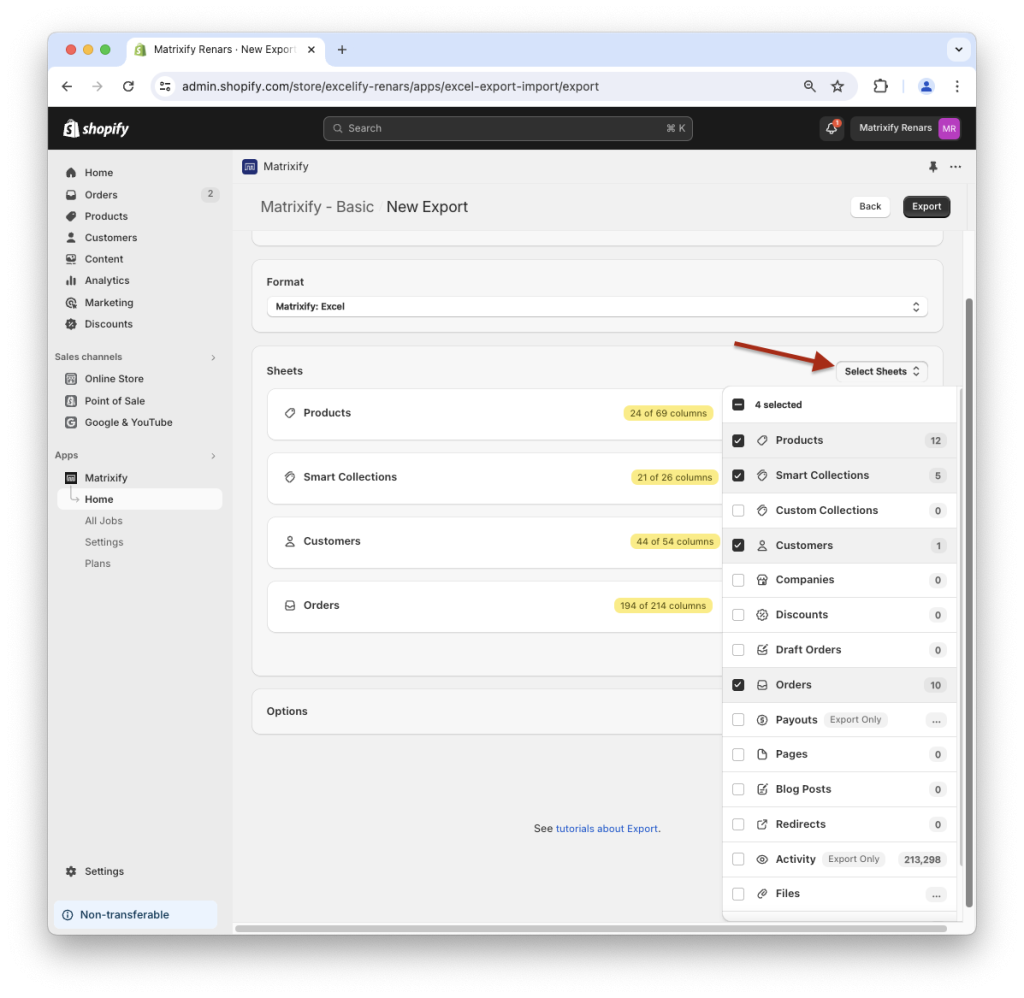 3. Create Shopify data export select export sheets entities Matrixify app