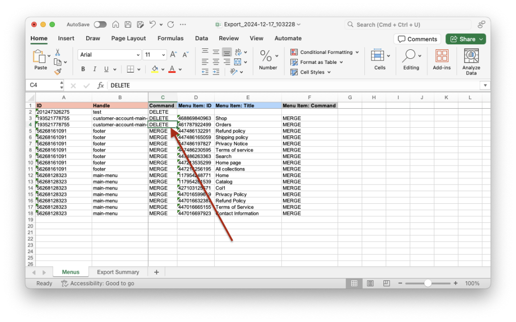 3. Edit Command for Shopify Navigation Menu bulk delete with Matrixify