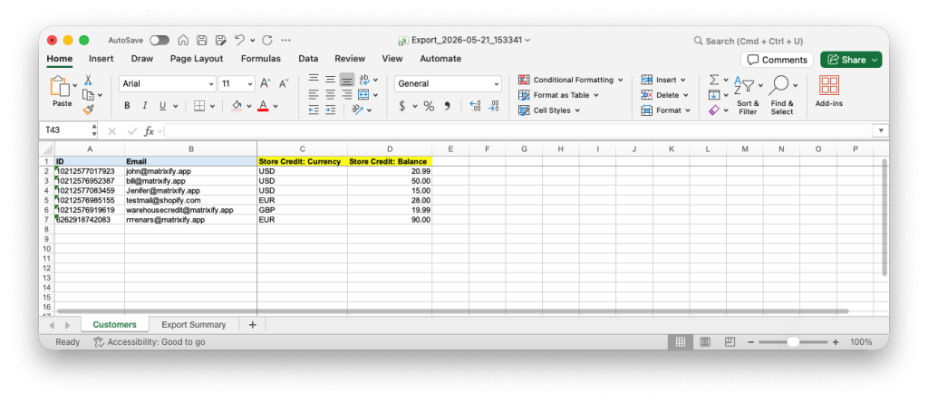 3. Excel spreadsheet with Shopify store Customers and credit balances