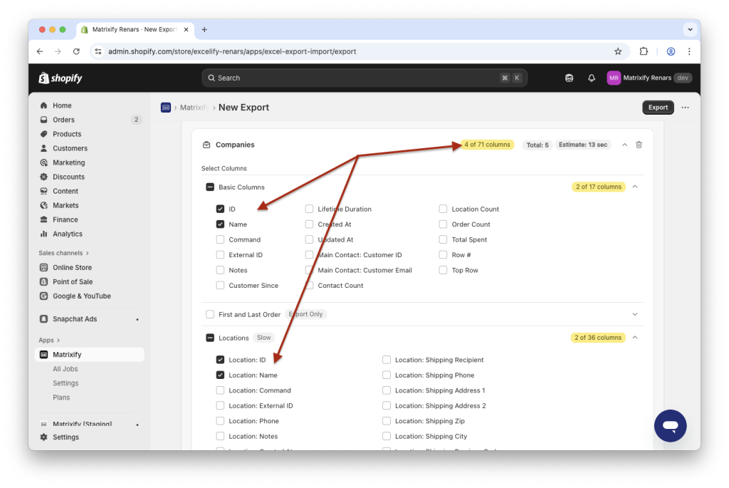 3. Export Shopify B2B Company Locations, select individual columns with matrixify