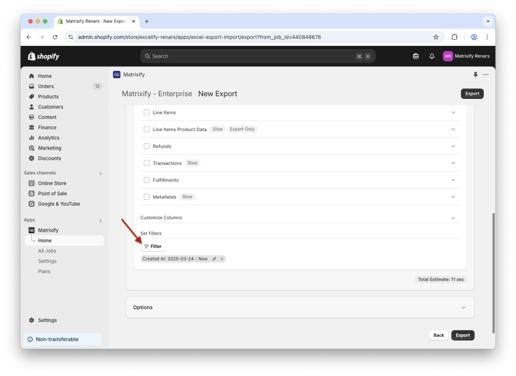 3. Filter Shopify Orders export to spreadsheet with Matrixify app