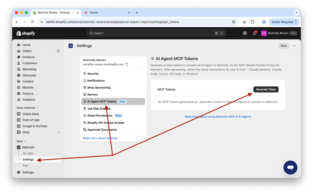 3. Generate new MCP Token for Matrixify Claude AI connector