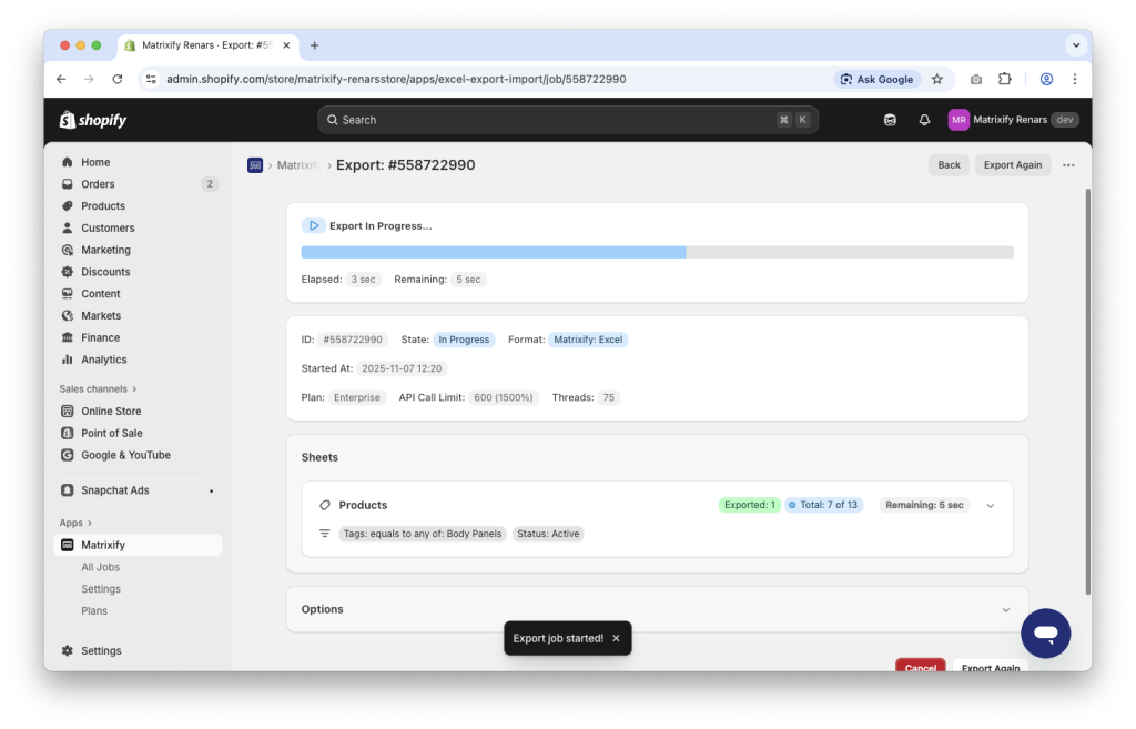 3. Matrixify Products data export progress screen